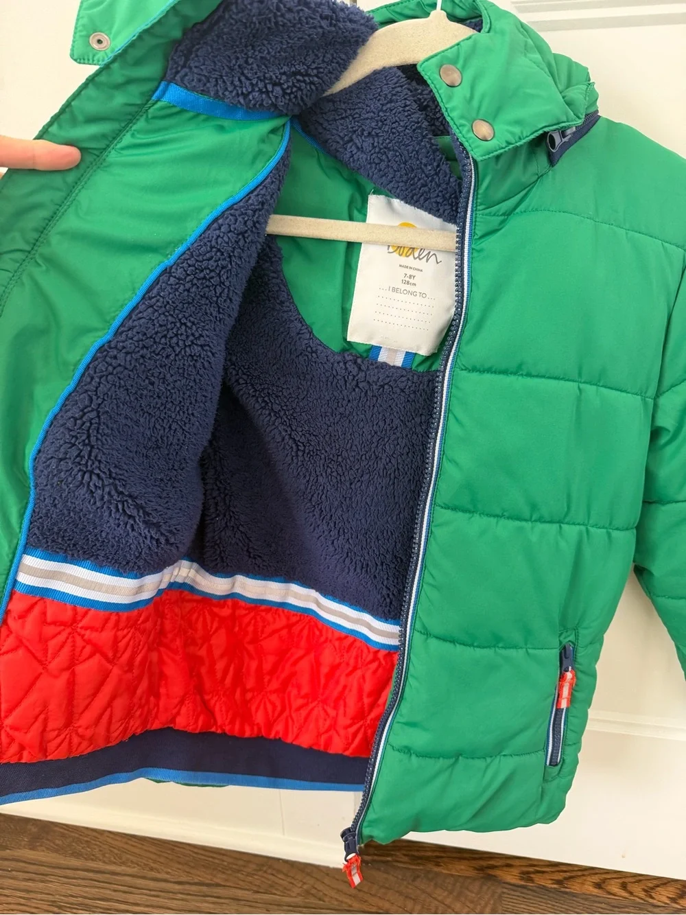 Mini Boden Green Hooded Puffer Jacket with Contrast Zippers